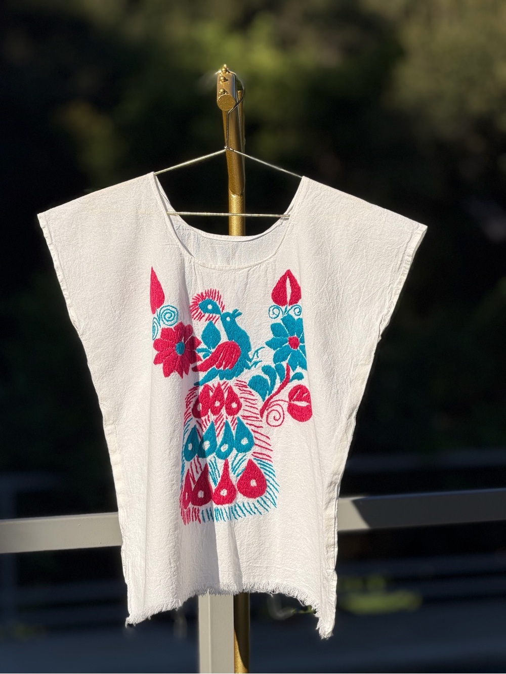 Hand-Embroidered White Cotton Tunic Top with Pink & Teal Motif